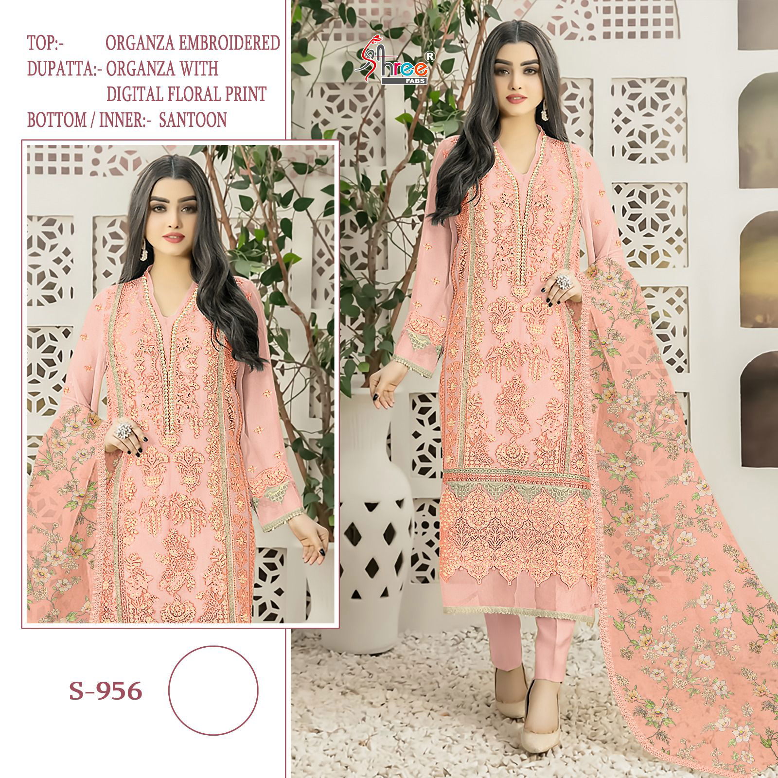 S 956 By Shree Organza Embroidery Pakistani Suits Wholesale Market In Surat